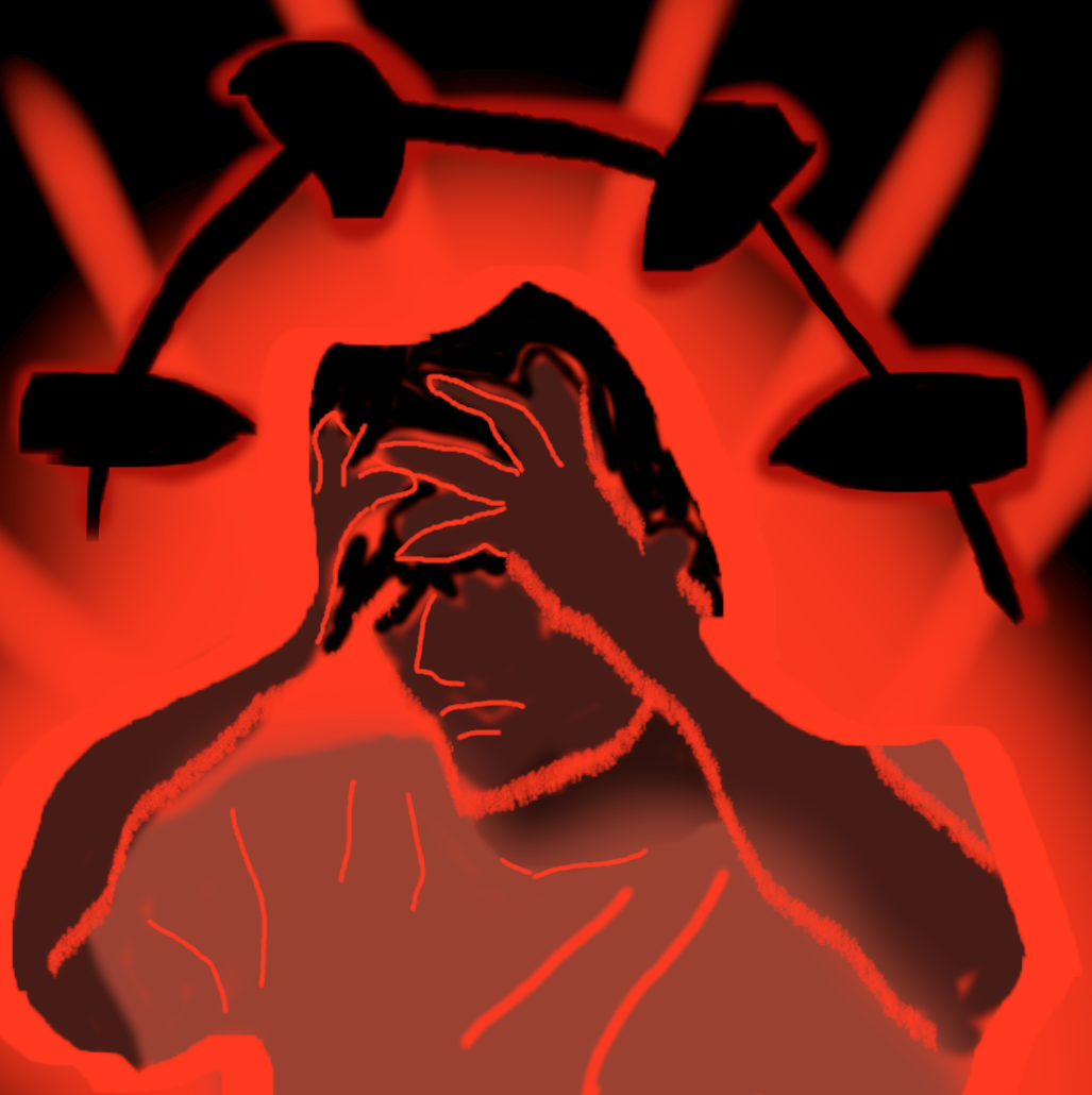 A drawn picture of a human with hands on their head. The illustration resembles Darkest Dungeon art style.