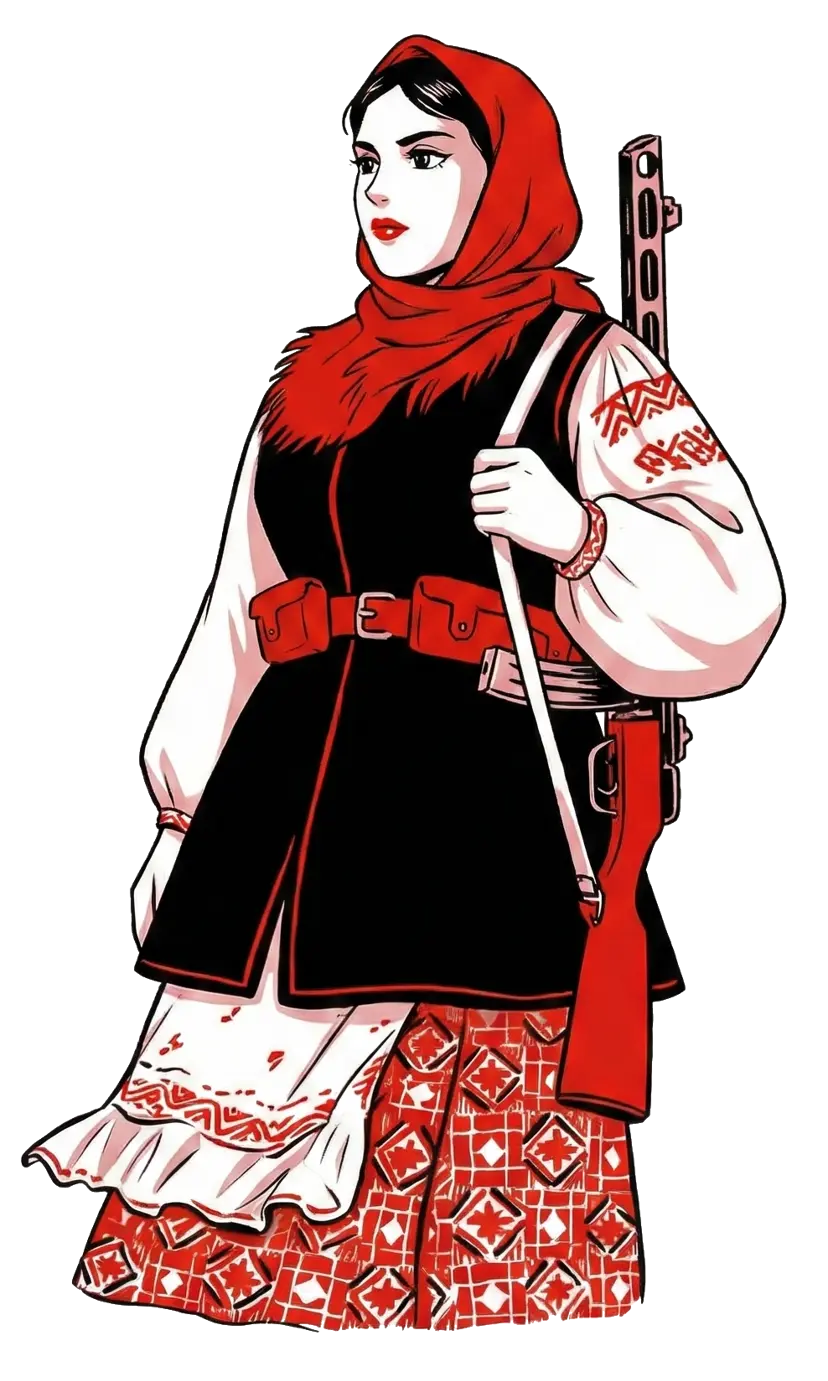 Anya, a girl in Ukrainian traditional clothing with PPSh-43 on her shoulder.
