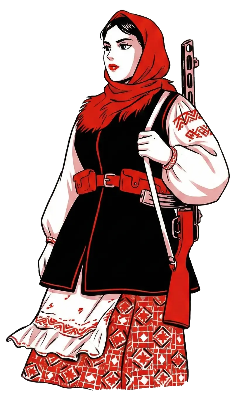 Anya, a girl in Ukrainian traditional clothing with PPSh-43 on her shoulder.